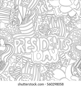 Coloring page. Hand drawing Patriotic Background with Flags,balloons, symbols for Happy Presidents Day, Colors of USA. doodle pattern. Vector