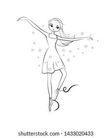 Coloring page. Hand drawn beautiful  ballerina with flowers. Cartoon cute girl. Vector illustration