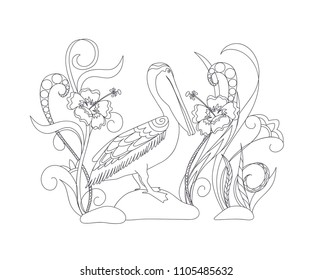 Coloring page with hand drawn cartoon pelican among flowers for children and adult antistress coloring book, album, wall mural. eps 10