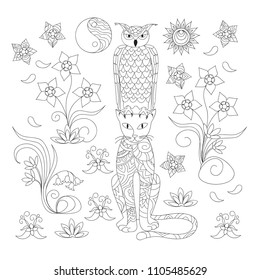 Coloring page with hand drawn patterned owl and cat among flowers for children and adult antistress coloring book, album, wall mural. Black and white outline illustration.  eps 10