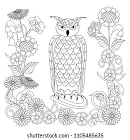 Coloring page with hand drawn patterned owl on the stone among flowers for children and adult antistress coloring book, album, wall mural. Black and white outline illustration.  eps 10