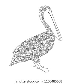 Coloring page with hand drawn patterned pelican isolated on the white for children and adult antistress coloring book, album, wall mural, tattoo. eps 10