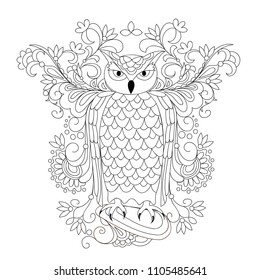 Coloring page with hand drawn patterned owl on the stone and mehendi flowers for  adult antistress coloring book, album, wall mural, tattoo template. eps 10