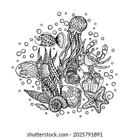 Coloring page with hand drawn sea creatures. Fish, jellyfish, shells, crab and snails. Line drawn marine animals in the water. Vector illustration for children and adults