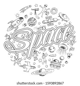 Coloring page Hand drawn style. Doodle space objects. Astronaut, spaceship, alien, satellites, universe, rockets, planets, comets, spaceman, stars flying saucers ufo cosmonauts.