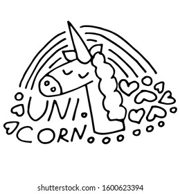 Coloring page with hand drawn unicorn with lettering. Vector illustration isolated on white background. Hearts and rainbow around. Cute and funny animal