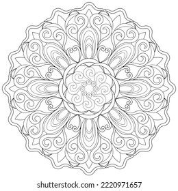 Coloring page, hand drawn, vector. Mandala 107, ethnic, swirl pattern, object isolated on white background.