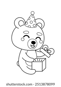 Coloring page. Happy bear is opening present. Black and white bear. Color me. Isolated vector illustration eps 10