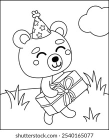 Coloring page. Happy bear is walking with present. Black and white bear. Color me. Isolated vector illustration eps 10