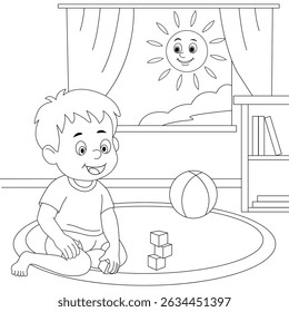 Coloring page of happy boy playing with toys at home. Educational printable worksheet for kids. Black and white line art vector illustration.