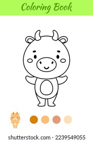 Coloring page happy bull. Coloring book for kids. Educational activity for preschool years kids and toddlers with cute animal. Vector illustration