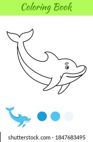 Coloring page happy dolphin. Coloring book for kids. Educational activity for preschool years kids and toddlers with cute animal. Flat cartoon colorful vector illustration.