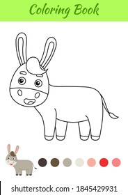 Coloring page happy donkey. Coloring book for kids. Educational activity for preschool years kids and toddlers with cute animal. Flat cartoon colorful vector illustration.