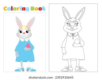 Coloring page. Happy Easter bunnies smiles happily. Vector illustration of a cartoon bunny  for easter cards.  svg