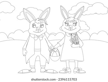 Coloring page. Happy Easter bunnies are smiling tenderly. Rabbits are dressed in bright clothes. 
