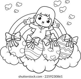 Coloring page Happy Easter with cute girl