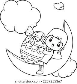 Coloring page Happy Easter with cute girl