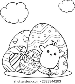 Coloring page Happy Easter with cute baby chick