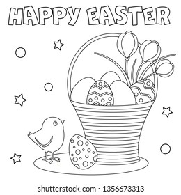 Coloring page. Happy Easter greeting card. Black and white vector illustration. Perfect for antistress book. 