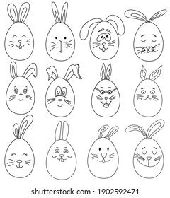Coloring page happy easter set. Collection easter bunny eggs. Vector characters for Easter. Outline coloring book for kids.