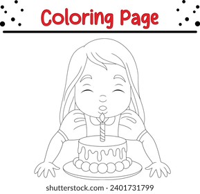 coloring page happy girl blowing candles birthday cake