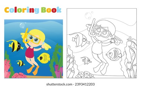 Coloring page. A happy girl in a swimsuit and fish swims near the coral reefs. Vertical scene in cartoon style.