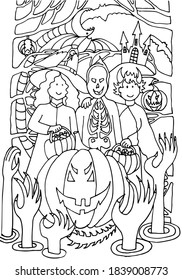 Coloring page. Happy Halloween party kids costume. Group of children in Halloween night. Coloring book for kids. Hand drawn vector.