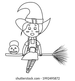 Coloring page Happy halloween vector illustration. Witch flying on broomstick with pumpkin. Halloween vector illustration of girl in witch costume. Coloring book for children