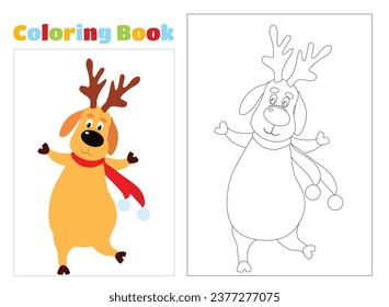Coloring page. A happy and joyful Christmas deer is dancing or running. Cartoon character.