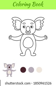 Coloring page happy koala. Coloring book for kids. Educational activity for preschool years kids and toddlers with cute animal. Flat cartoon colorful vector illustration.