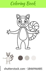 Coloring Page Happy Lemur. Coloring Book For Kids. Educational Activity For Preschool Years Kids And Toddlers With Cute Animal. Flat Cartoon Colorful Vector Illustration.