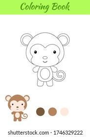 Coloring page happy little baby monkey. Coloring book for kids. Educational activity for preschool years kids and toddlers with cute animal. Flat cartoon colorful vector illustration.