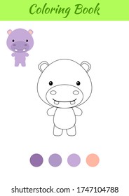 Coloring page happy little baby hippo. Coloring book for kids. Educational activity for preschool years kids and toddlers with cute animal. Flat cartoon colorful vector illustration.
