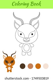 Coloring page happy little baby gazelle. Coloring book for kids. Educational activity for preschool years kids and toddlers with cute animal. Flat cartoon colorful vector illustration.