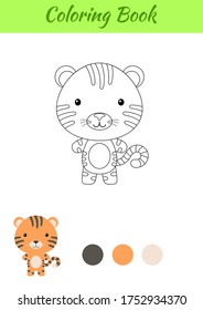 Coloring page happy little baby tiger. Coloring book for kids. Educational activity for preschool years kids and toddlers with cute animal. Flat cartoon colorful vector illustration.