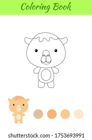 Coloring page happy little baby camel. Coloring book for kids. Educational activity for preschool years kids and toddlers with cute animal. Flat cartoon colorful vector illustration.
