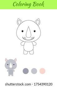 Coloring page happy little baby rhino. Coloring book for kids. Educational activity for preschool years kids and toddlers with cute animal. Flat cartoon colorful vector illustration.