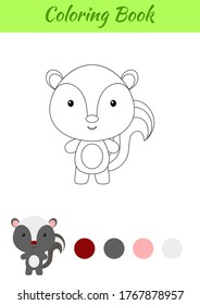 Coloring page happy little baby skunk. Printable coloring book for kids. Educational activity for kindergarten and preschool with cute animal. Flat cartoon colorful vector illustration.