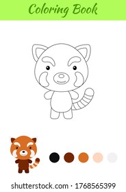 Coloring page happy little baby red panda. Printable coloring book for kids. Educational activity for kindergarten and preschool with cute animal. Flat cartoon colorful vector illustration.