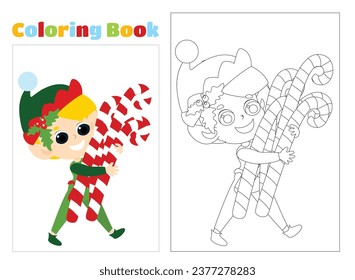 Coloring page. A happy little elf is carrying Christmas men in his hands. The boy is dressed in a traditional red and green suit. Illustration in cartoon style.