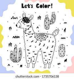 Coloring page with happy llama and cactuses. Great for toddlers coloring book. Black and white background with alpaca. Vector illustration