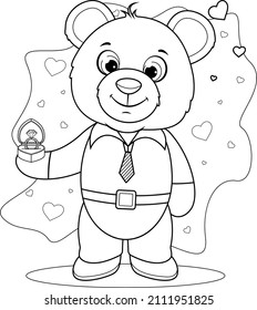 Coloring page. Happy and in love cartoon teddy bear holding ring. Children's illustration