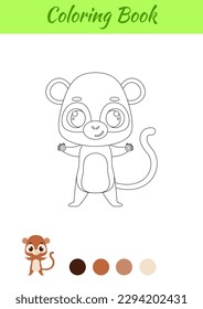 Coloring page happy monkey. Coloring book for kids. Educational activity for preschool years kids and toddlers with cute animal. Vector stock illustration.