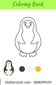 Coloring page happy penguin. Coloring book for kids. Educational activity for preschool years kids and toddlers with cute animal. Flat cartoon colorful vector illustration.