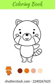 Coloring page happy red panda. Coloring book for kids. Educational activity for preschool years kids and toddlers with cute animal. Vector illustration