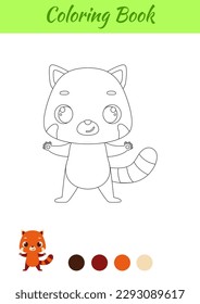 Coloring page happy red panda. Coloring book for kids. Educational activity for preschool years kids and toddlers with cute animal. Vector stock illustration.