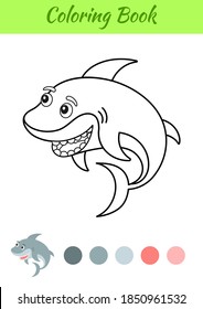 Coloring page happy shark. Coloring book for kids. Educational activity for preschool years kids and toddlers with cute animal. Flat cartoon colorful vector illustration.
