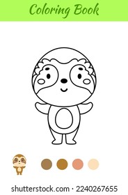Coloring page happy sloth. Coloring book for kids. Educational activity for preschool years kids and toddlers with cute animal. Vector illustration