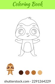 Coloring page happy sloth. Coloring book for kids. Educational activity for preschool years kids and toddlers with cute animal. Vector stock illustration.