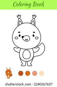 Coloring page happy squirrel. Coloring book for kids. Educational activity for preschool years kids and toddlers with cute animal. Vector illustration